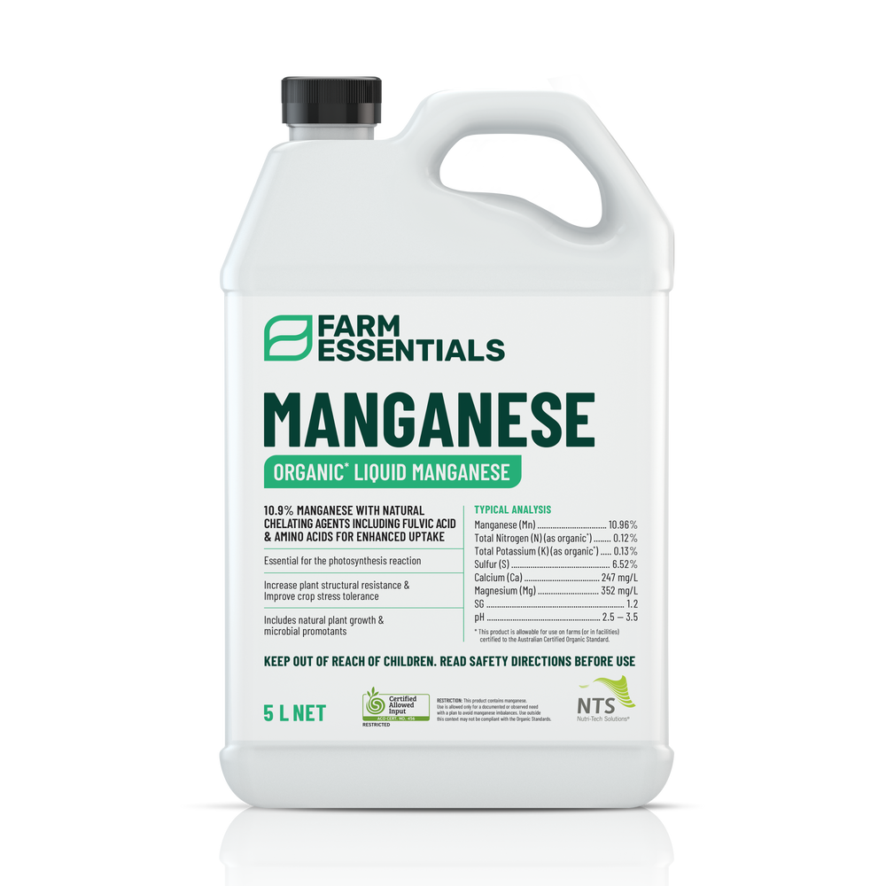 A photograph of NTS Manganese Essentials organic liquid manganese fertiliser in a 5 L container on transparent background