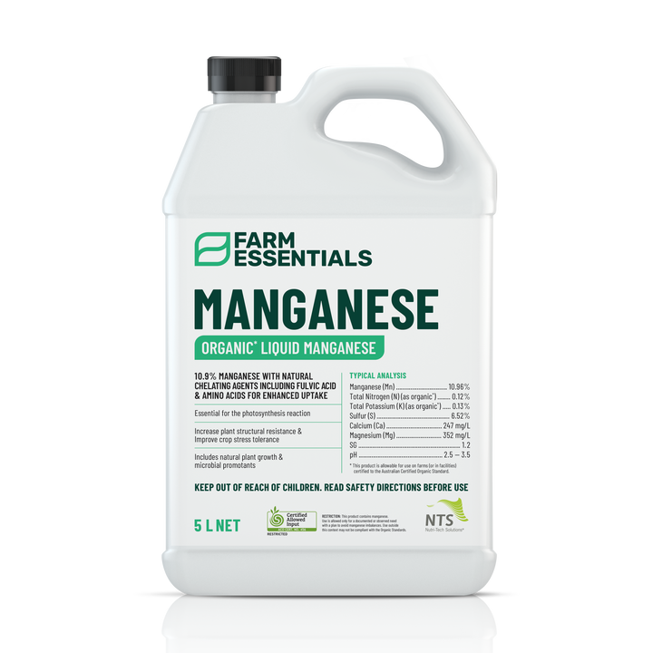 A photograph of NTS Manganese Essentials organic liquid manganese fertiliser in a 5 L container on transparent background