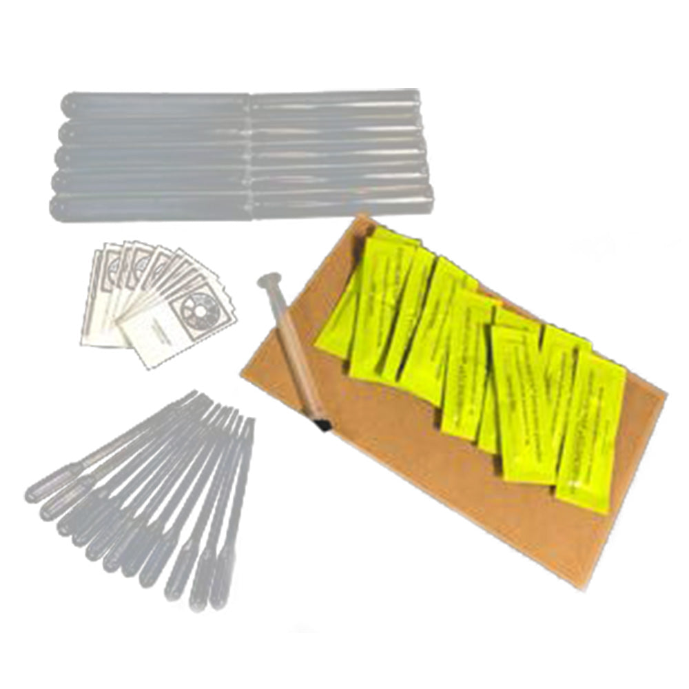 A photograph of the contents of the microBIOMETER refill kit with 10 plastic extraction tubes, 10 plastic pipettes, 10 test cards, 10 sachets of extraction powder, on white background.