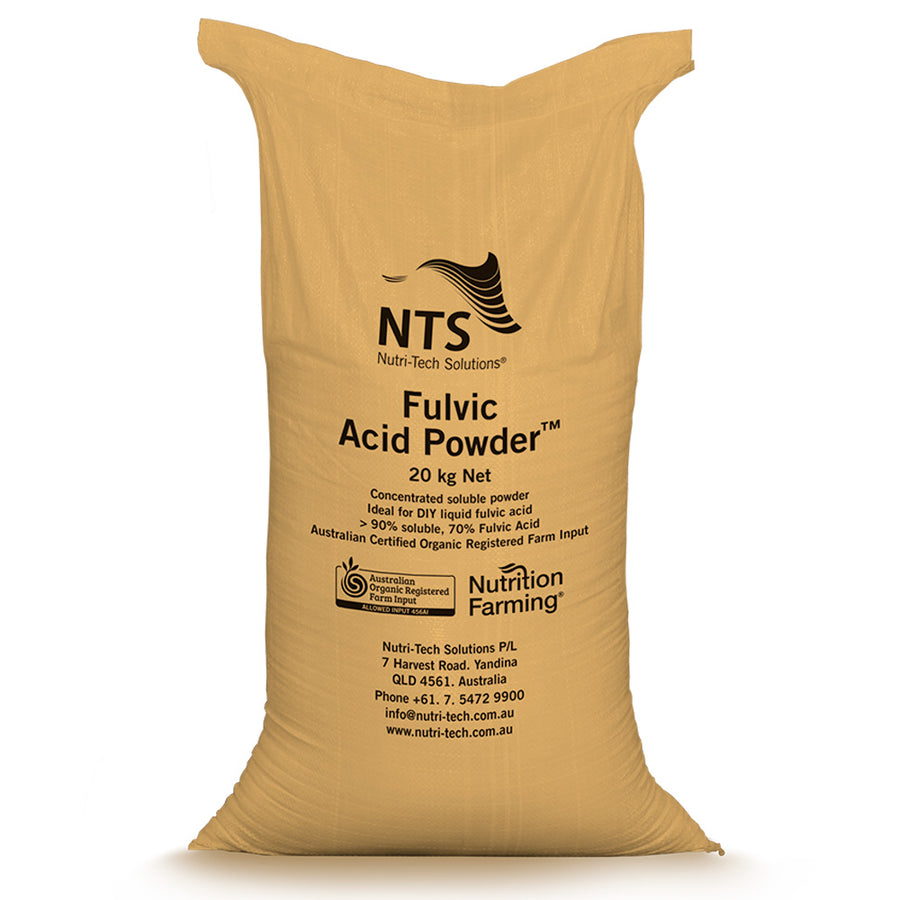 A photograph of NTS Fulvic Acid Powder in a 20 kg sack on white background