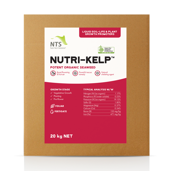 A photograph of NTS Nutri-Kelp liquid soil-life and plant growth promoter fertiliser in 20 kg container on transparent background.