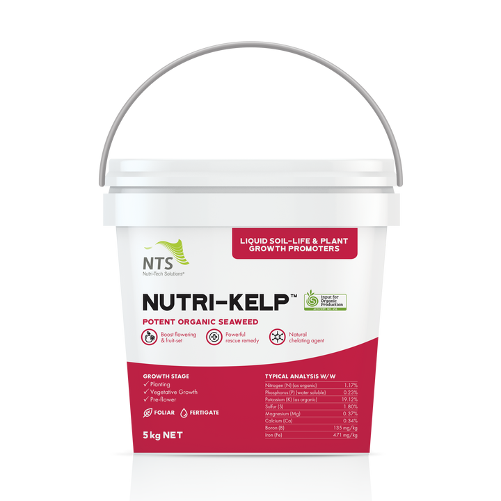 A photograph of NTS Nutri-Kelp liquid soil-life and plant growth promoter fertiliser in 5 kg container on transparent background