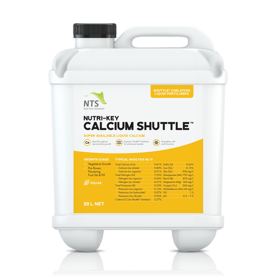 A photograph of NTS Nutri-Key Calcium Shuttle chelation liquid fertiliser in a 20 L container on transparent background