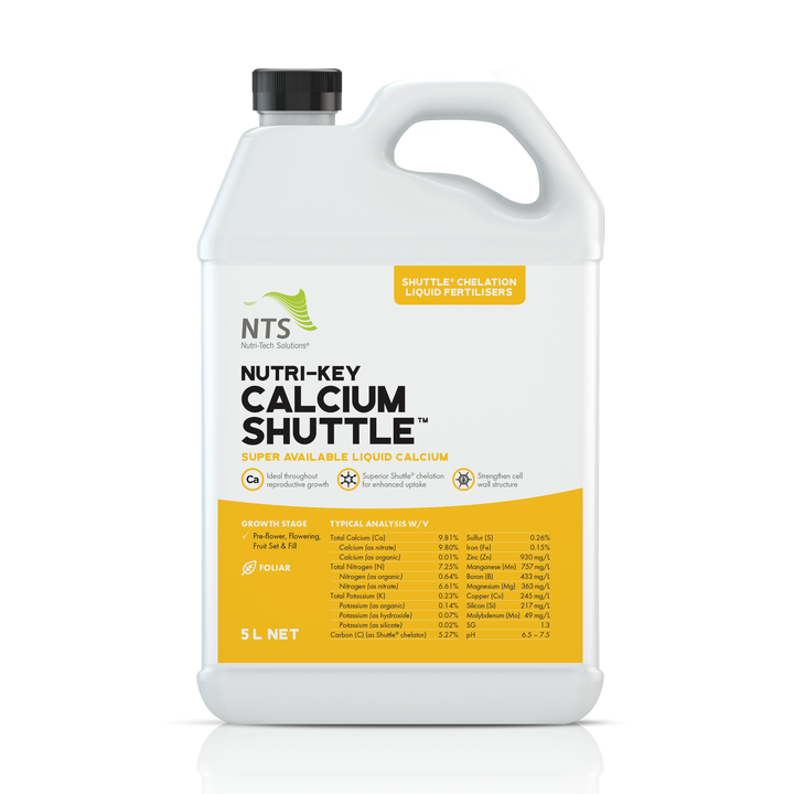 A photograph of NTS Nutri-Key Calcium Shuttle chelation liquid fertiliser in a 5 L container on transparent background