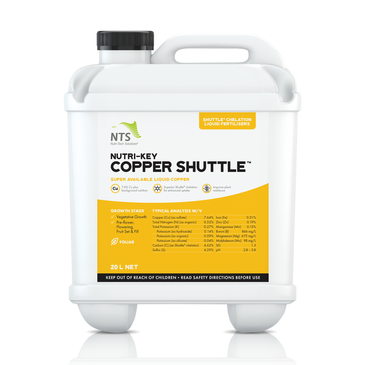 A photograph of NTS Nutri-Key Copper Shuttle chelation liquid fertiliser in a 20 L container on transparent background