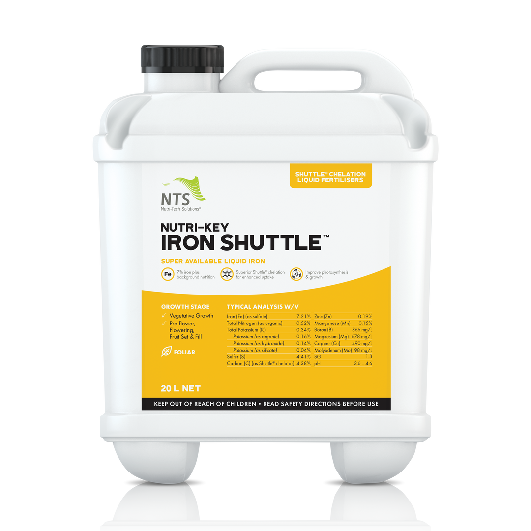 A photograph of NTS Nutri-Key Iron Shuttle chelation liquid fertiliser in a 20 L container on transparent background