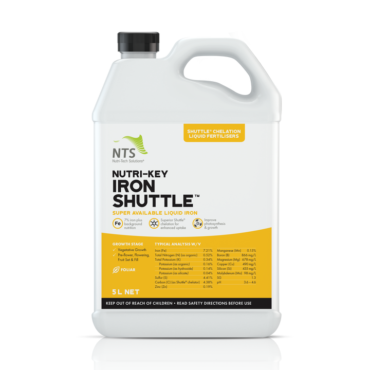A photograph of NTS Nutri-Key Iron Shuttle chelation liquid fertiliser in a 5 L container on transparent background