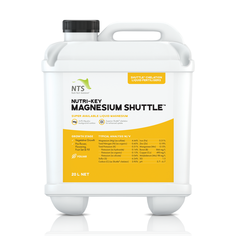 A photograph of NTS Nutri-Key Magnesium Shuttle chelation liquid fertiliser in a 20 L container on transparent background