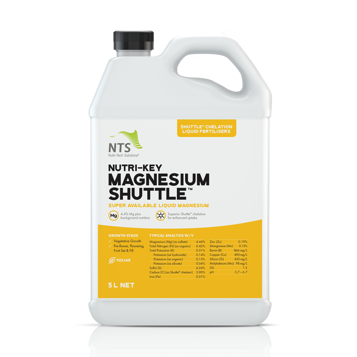 A photograph of NTS Nutri-Key Magnesium Shuttle chelation liquid fertiliser in a 5 L container on transparent background