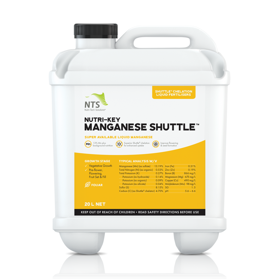 A photograph of NTS Nutri-Key Manganese Shuttle chelation liquid fertiliser in a 20 L container on transparent background