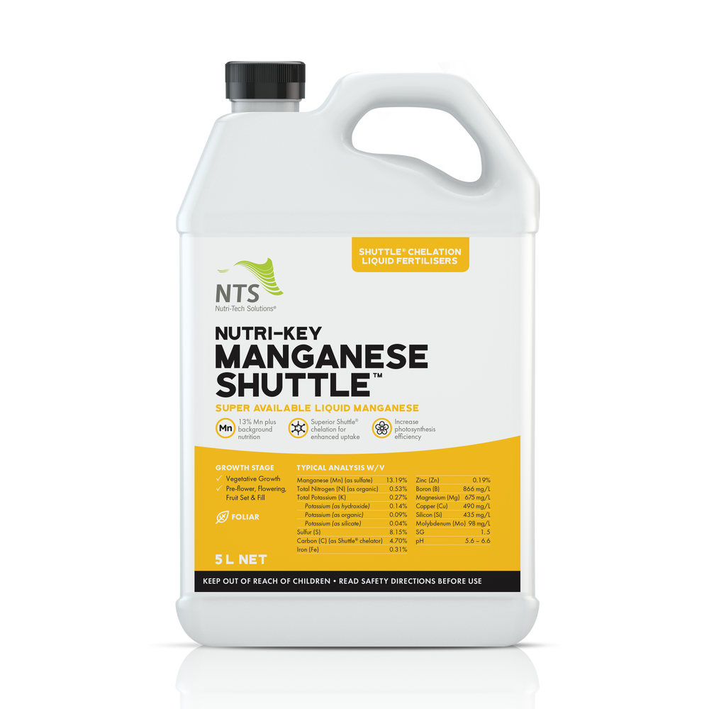 A photograph of NTS Nutri-Key Manganese Shuttle chelation liquid fertiliser in a 5 L container on transparent background