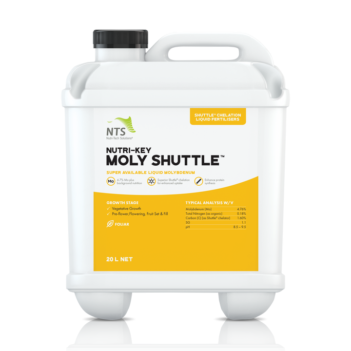 A photograph of NTS Nutri-Key Moly Shuttle chelation liquid fertiliser in a 20 L container on transparent background