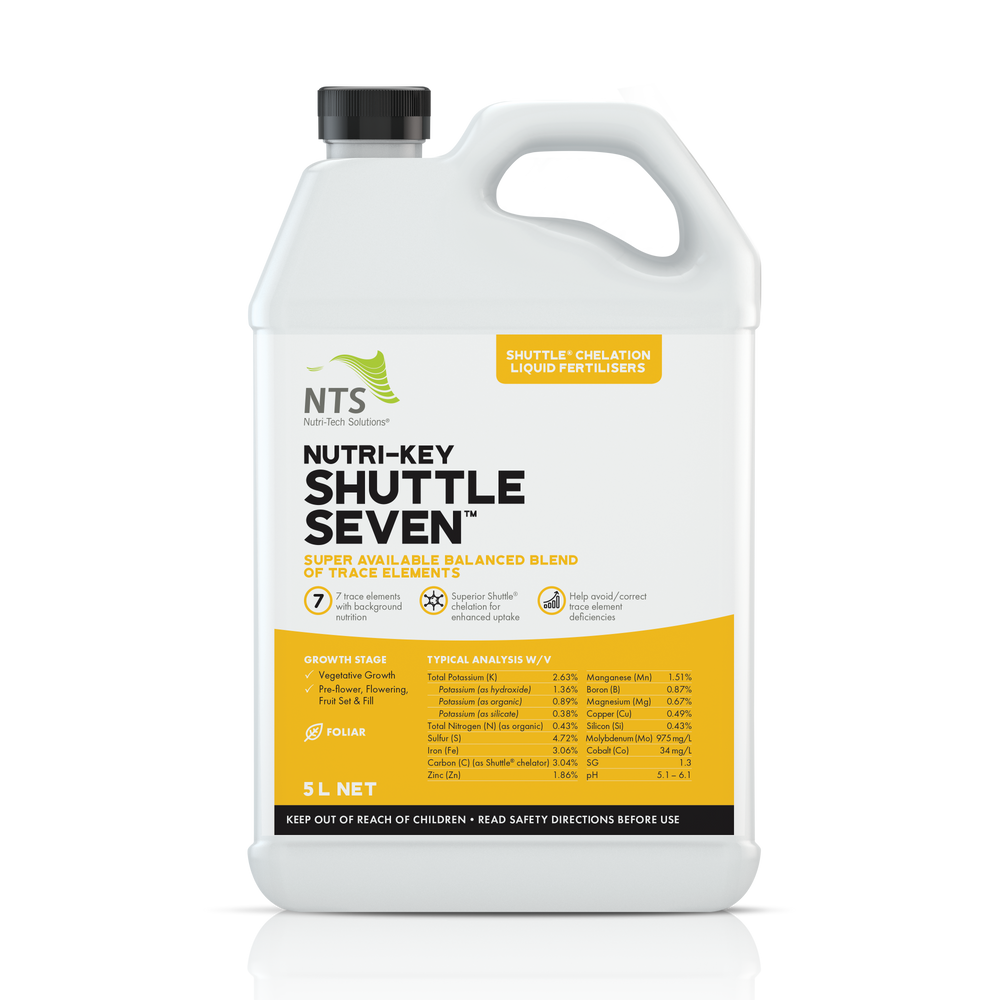A photograph of NTS Nutri-Key Shuttle Seven chelation liquid fertiliser in a 5 L container on transparent background