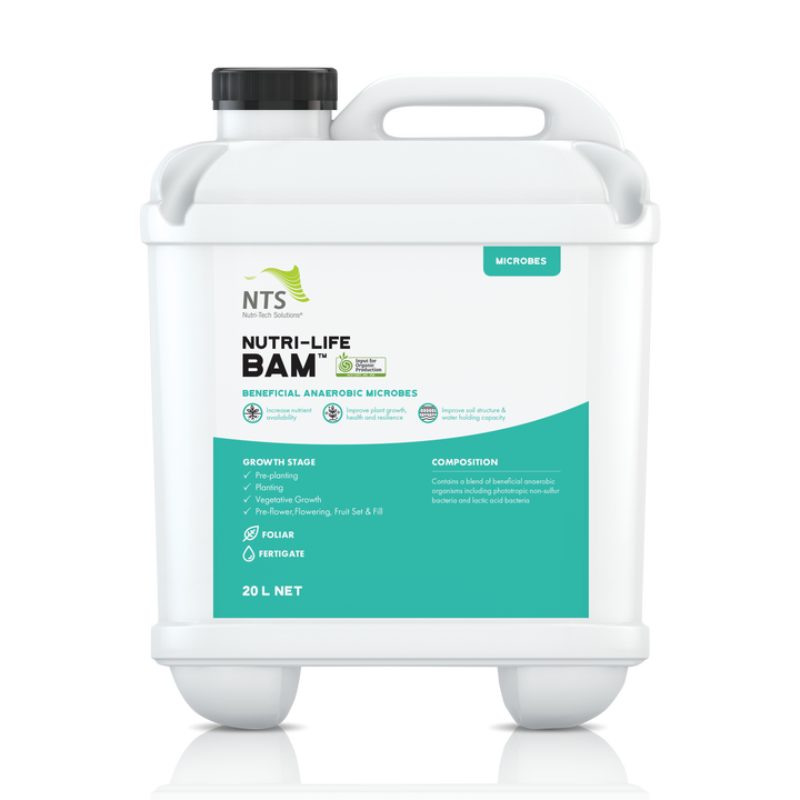 A photograph of NTS Nutri-Life BAM Beneficial Anaerobic Microbes microbial fertiliser in 20 L container on transparent background