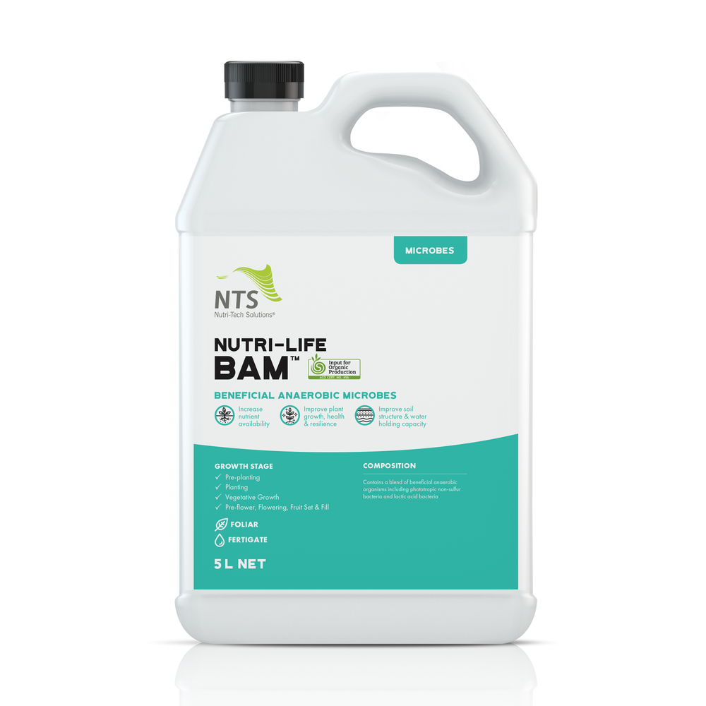 A photograph of NTS Nutri-Life BAM Beneficial Anaerobic Microbes microbial fertiliser in 5 L container on transparent background
