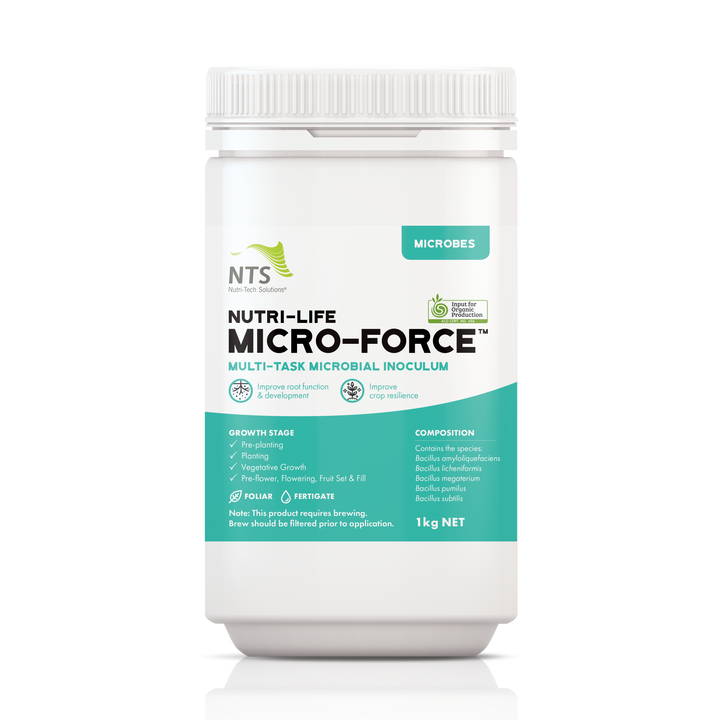 A photograph of NTS Nutri-Life Micro-Force microbial inoculum for agriculture in 1 kg container on transparent background.