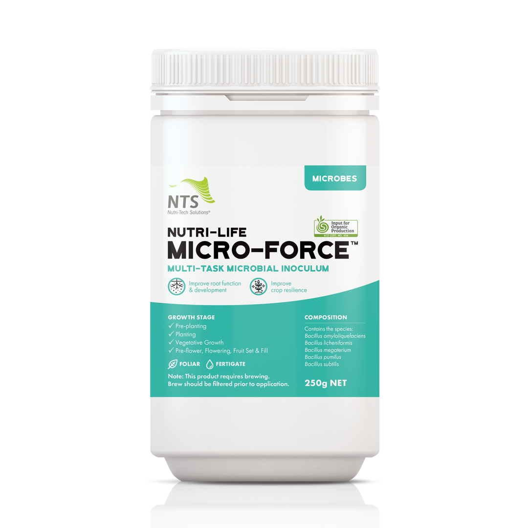 A photograph of NTS Nutri-Life Micro-Force microbial inoculum for agriculture in 250 g container on transparent background.