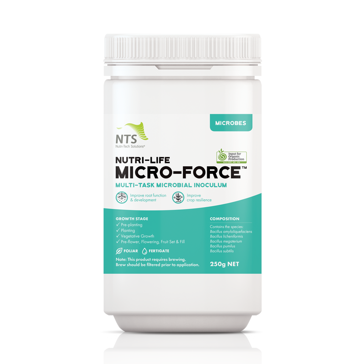 A photograph of NTS Nutri-Life Micro-Force microbial inoculum for agriculture in 250 g container on transparent background.