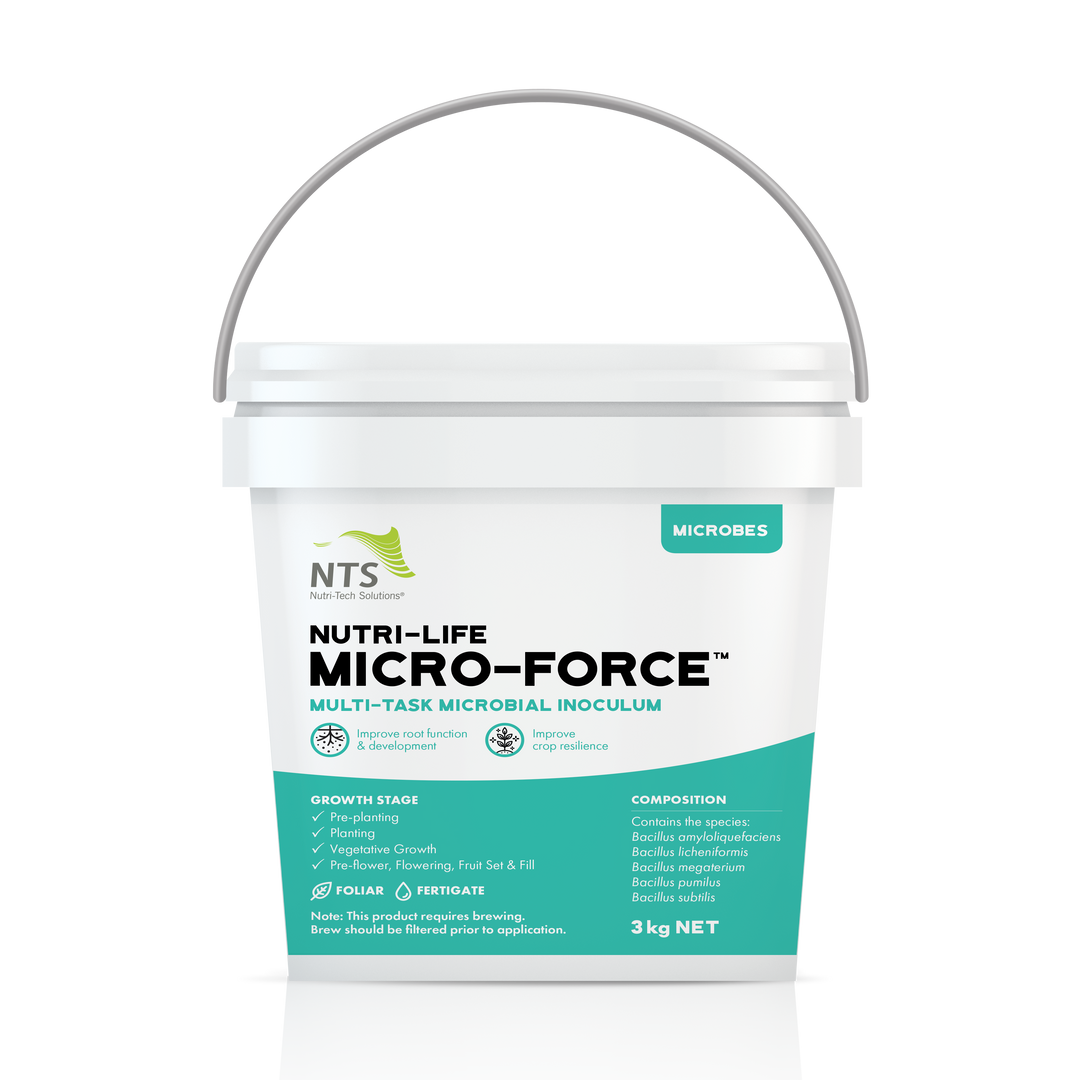 A photograph of NTS Nutri-Life Micro-Force microbial inoculum for agriculture in 3 kg container on transparent background.
