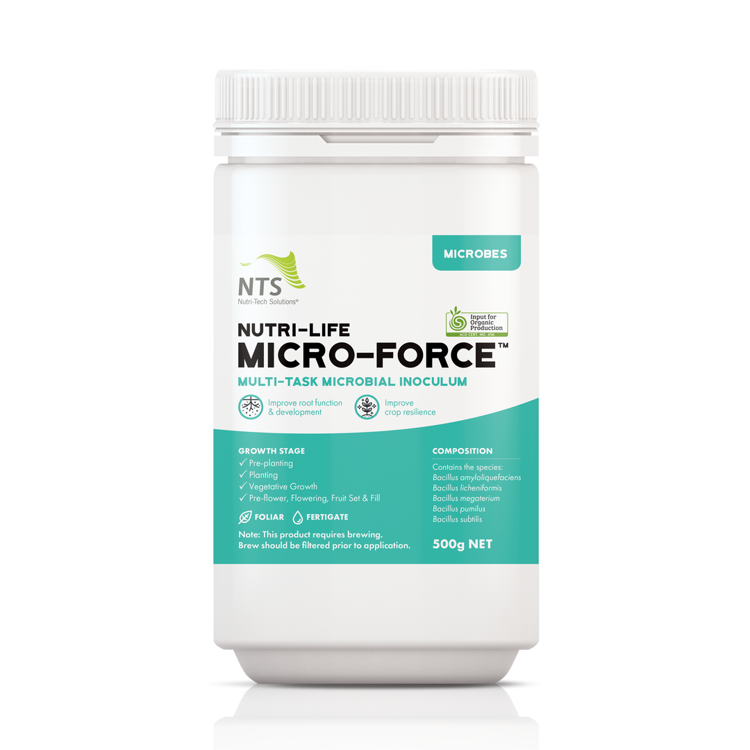 A photograph of NTS Nutri-Life Micro-Force microbial inoculum for agriculture in 500 g container on transparent background.
