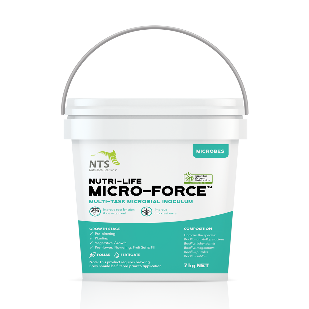 A photograph of NTS Nutri-Life Micro-Force microbial inoculum for agriculture in 7 kg container on transparent background.