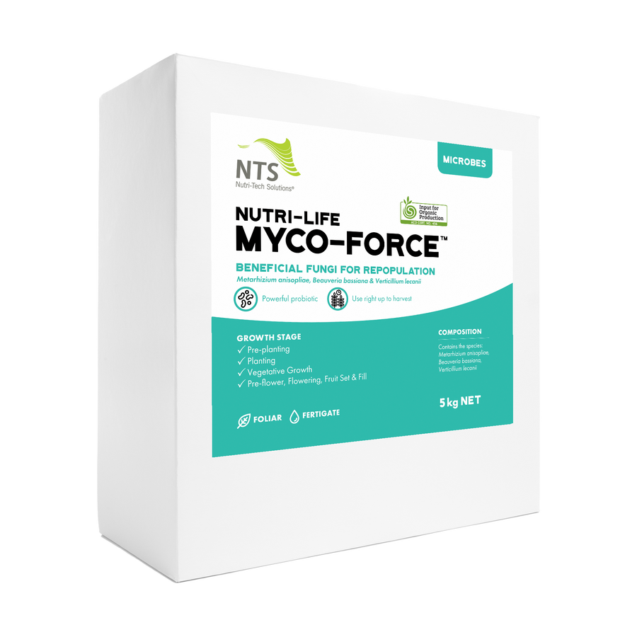 A photograph of NTS Nutri-Life Myco-Force microbial fertiliser in a 5 kg container on a transparent background