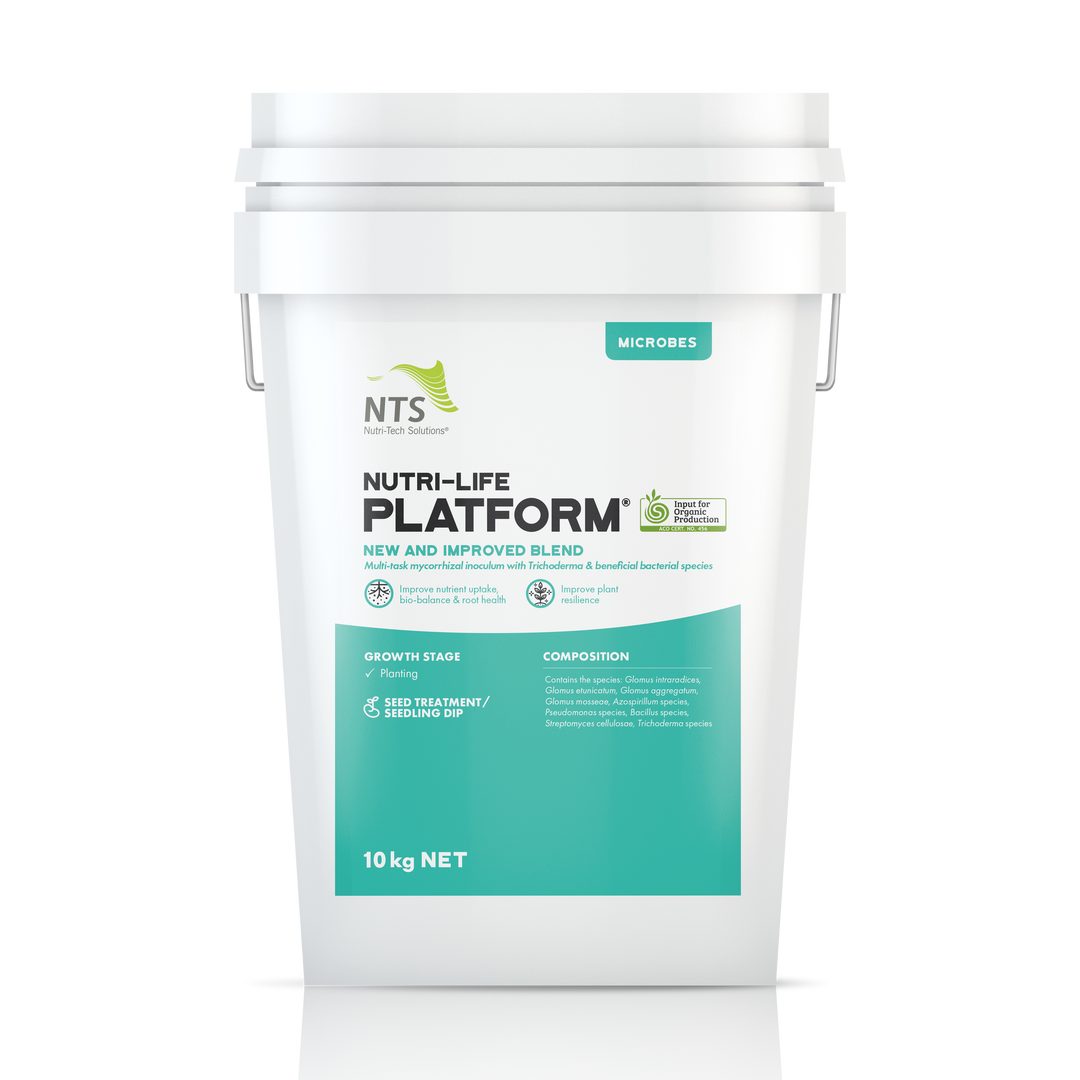 A photograph of NTS Nutri-Life Platform microbial fertiliser in a 10 kg container on a transparent background