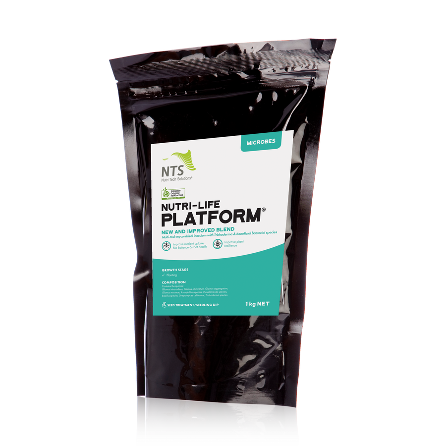 A photograph of NTS Nutri-Life Platform microbial fertiliser in a 1 kg pack on a transparent background