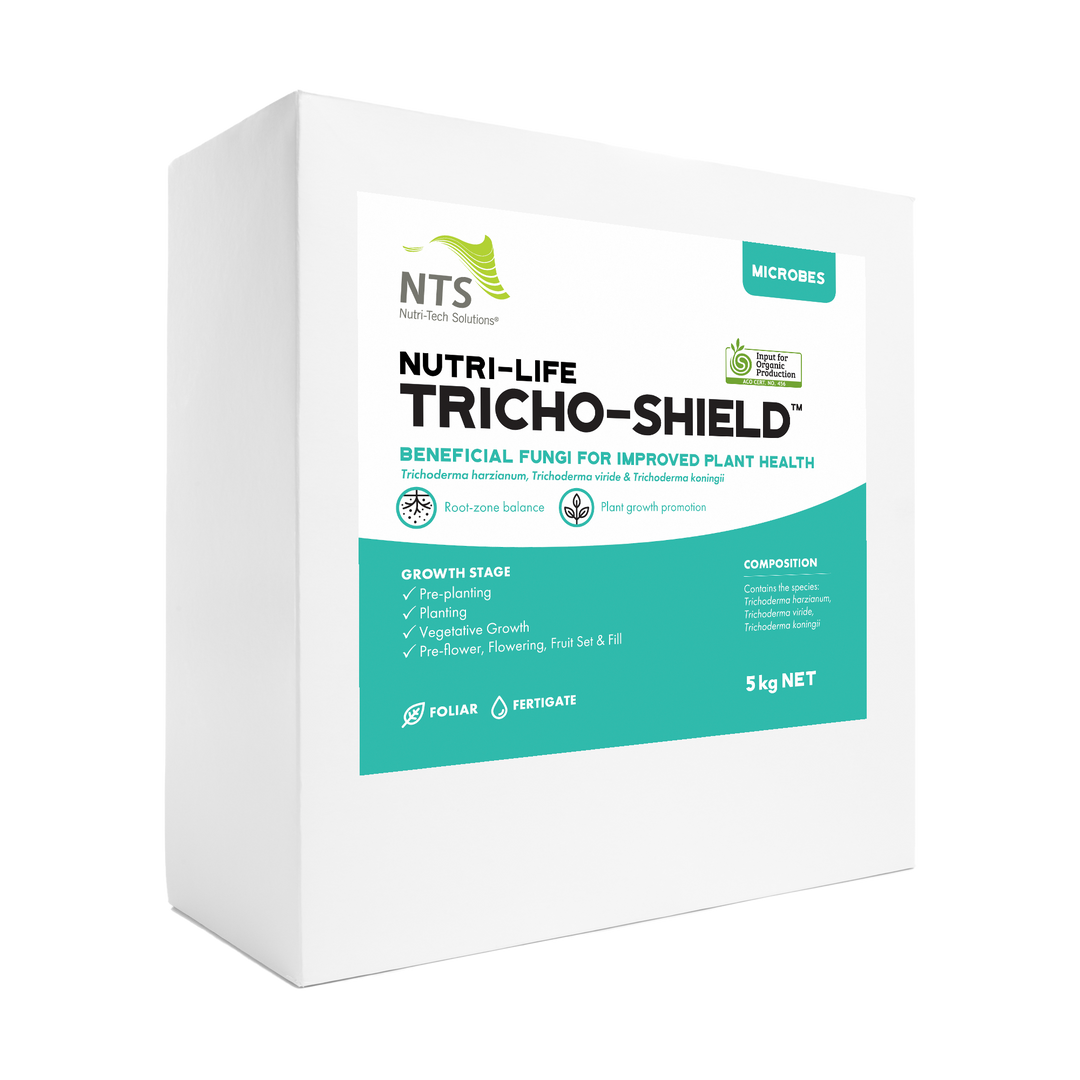 A photograph of NTS Nutri-Life Tricho-Shield microbial fertiliser in a 5 kg container on a transparent background