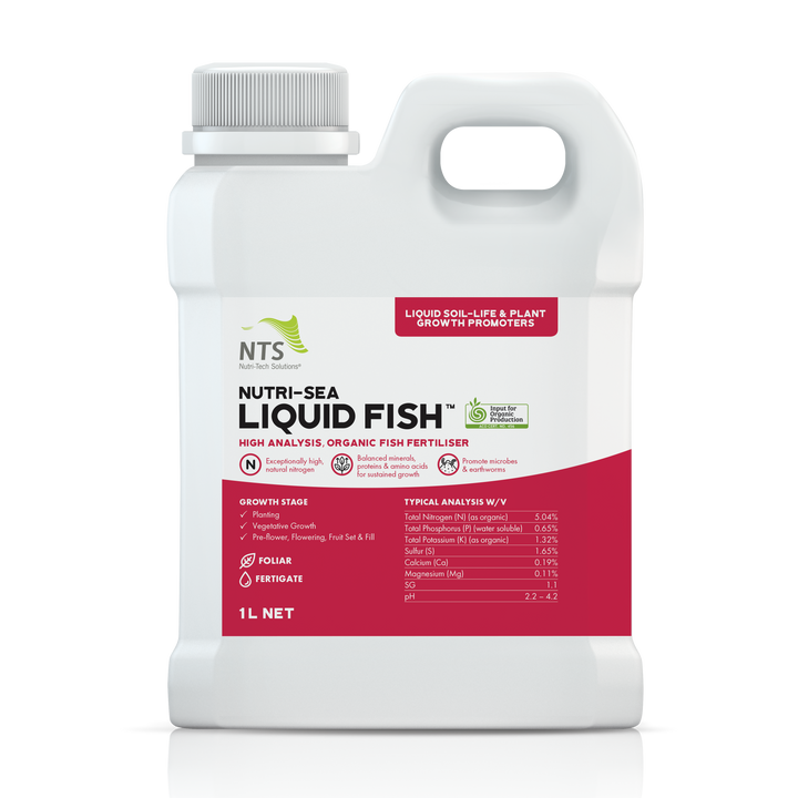 A photograph of NTS Nutri-Sea Liquid Fish liquid soil-life and plant growth promoter fertiliser in a 1 L container on transparent background