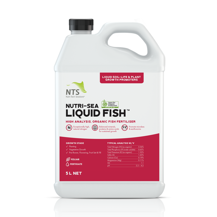A photograph of NTS Nutri-Sea Liquid Fish liquid soil-life and plant growth promoter fertiliser in a 5 L container on transparent background