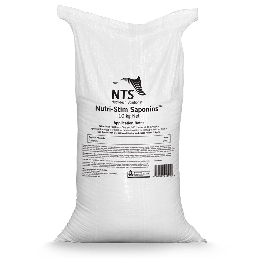 A photograph of NTS Nutri-Stim Saponins fertiliser in a 10 kg sack on white background