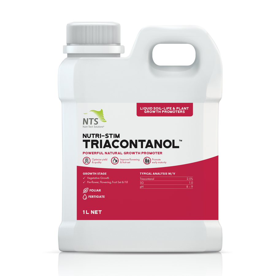 A photograph of NTS Nutri-Stim Triacontanol liquid soil-life and plant growth promoter fertiliser in a 1 L container on transparent background