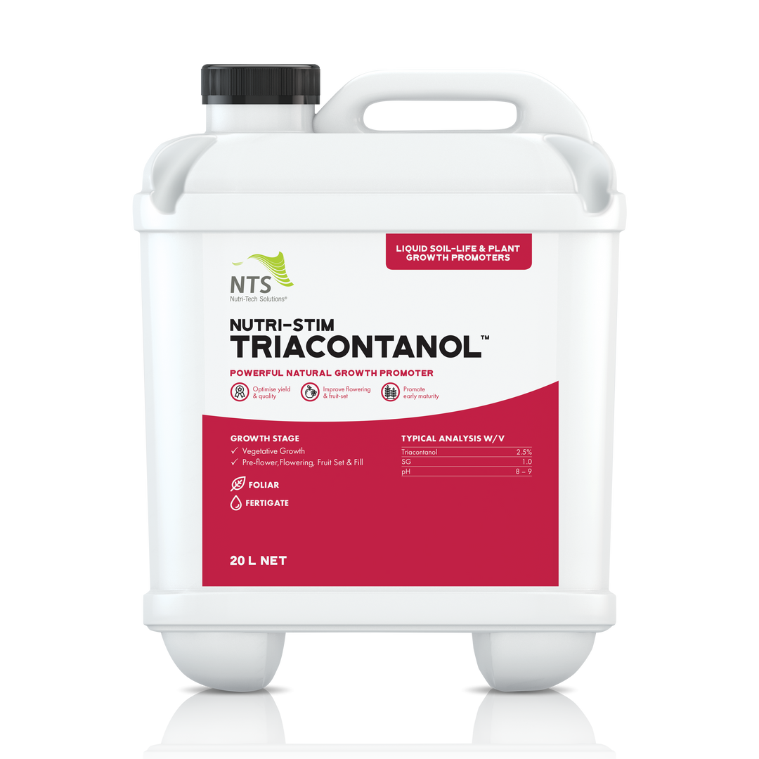 A photograph of NTS Nutri-Stim Triacontanol liquid soil-life and plant growth promoter fertiliser in a 20 L container on transparent background