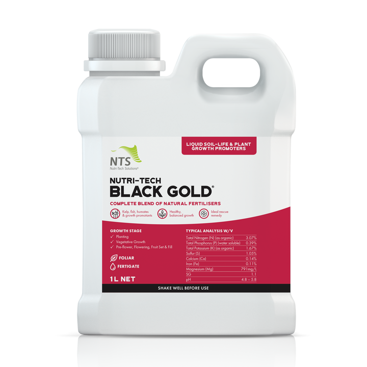 A photograph of NTS Nutri-Tech Black Gold liquid soil-life and plant growth promoter fertiliser in a 1 L container on transparent background