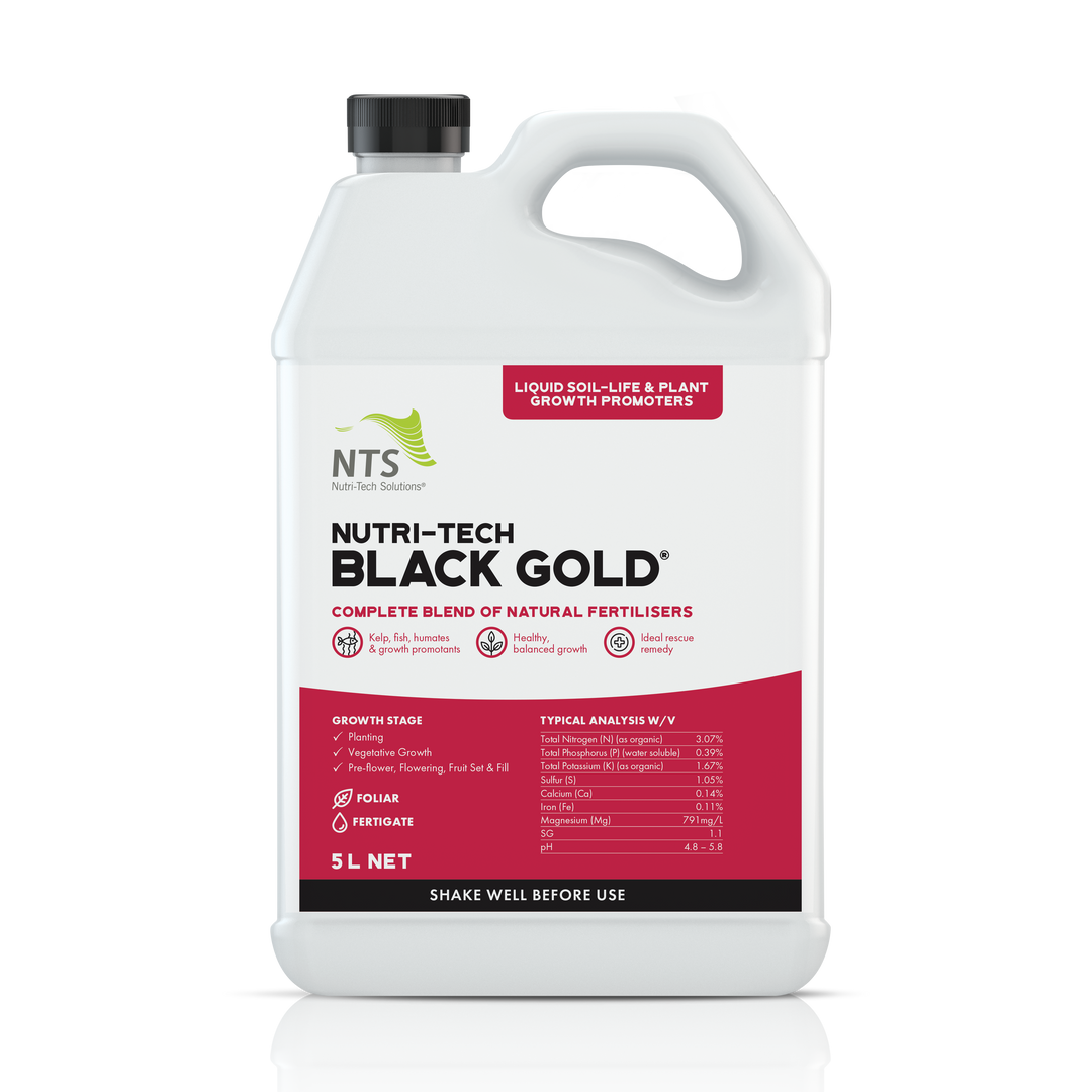 A photograph of NTS Nutri-Tech Black Gold liquid soil-life and plant growth promoter fertiliser in a 5 L container on transparent background