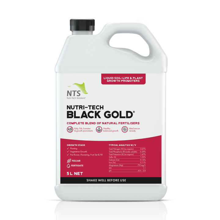 A photograph of NTS Nutri-Tech Black Gold liquid soil-life and plant growth promoter fertiliser in a 5 L container on transparent background