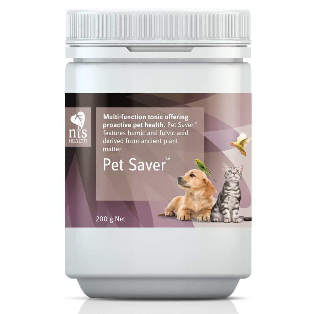 A photograph of NTS Pet Saver animal tonic in a 200 g cylinder on white background