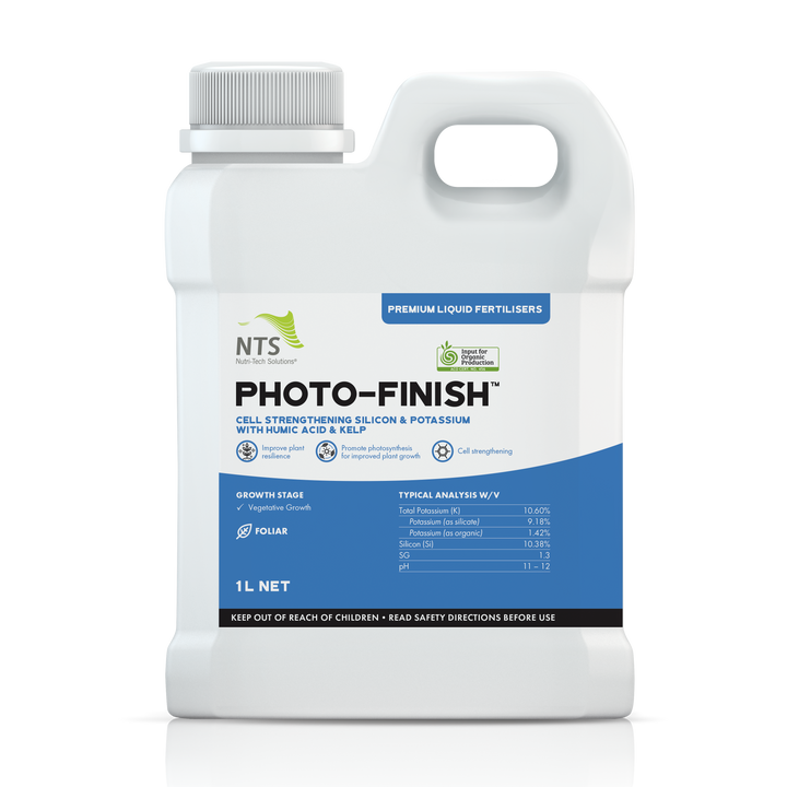 A photograph of NTS Photo-Finish premium liquid fertiliser in a 1 L container on transparent background