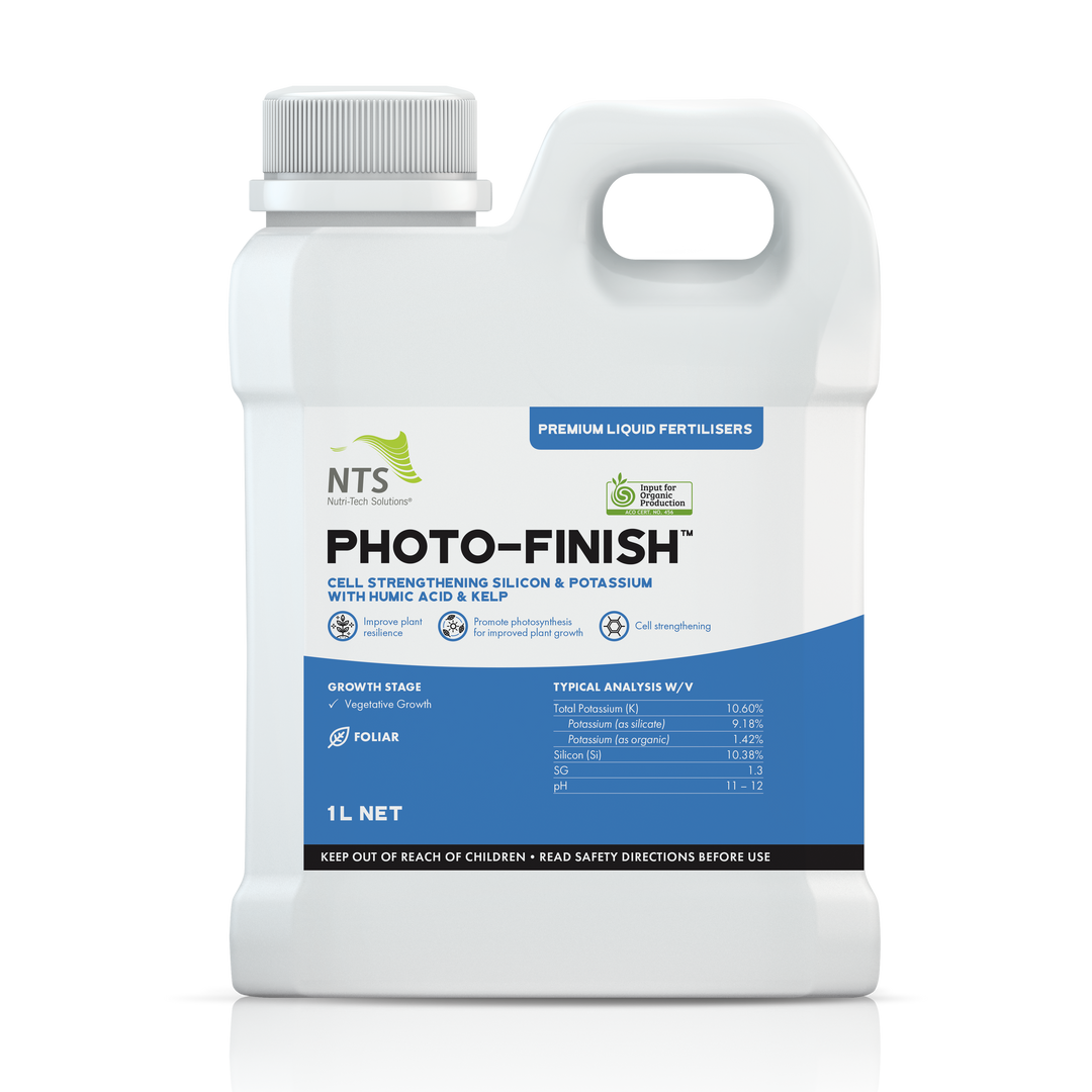 A photograph of NTS Photo-Finish premium liquid fertiliser in a 1 L container on transparent background