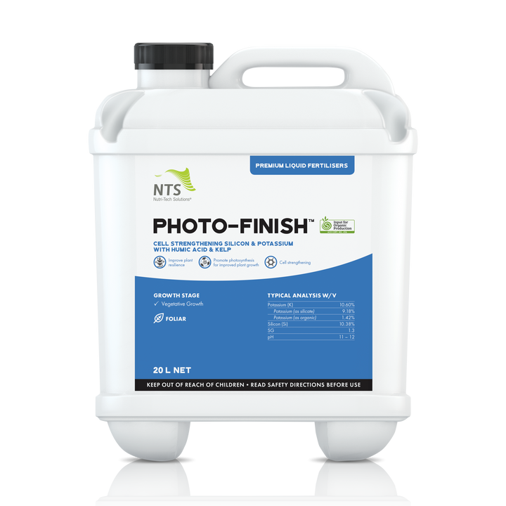 A photograph of NTS Photo-Finish premium liquid fertiliser in a 20 L container on transparent background