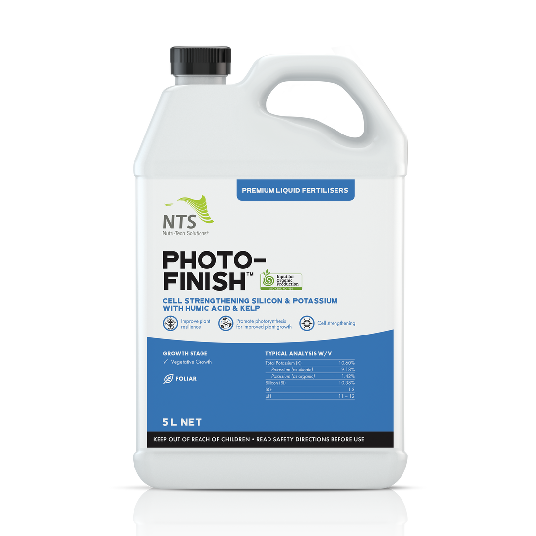 A photograph of NTS Photo-Finish premium liquid fertiliser in a 5 L container on transparent background