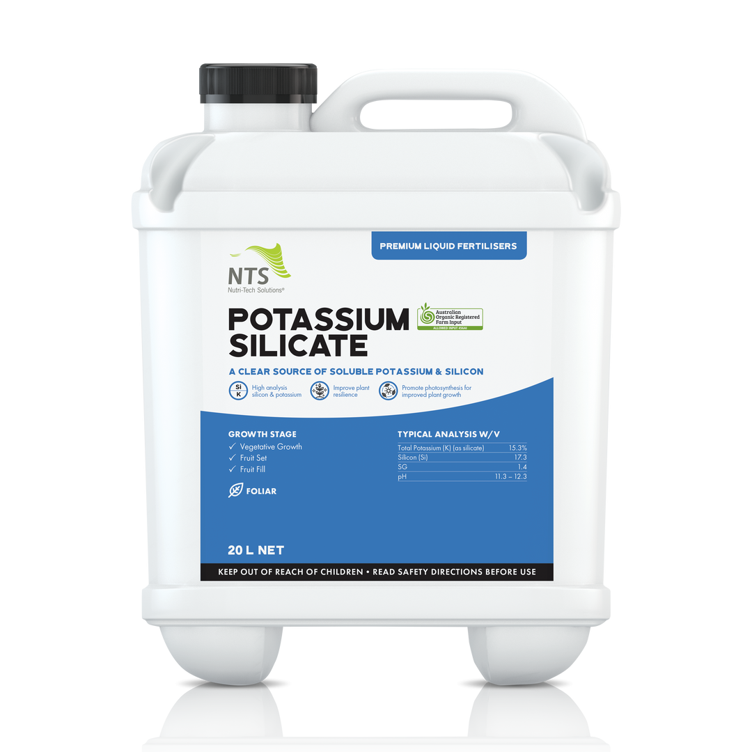 A photograph of NTS Potassium Silicate premium liquid fertiliser in a 20 L container on transparent background