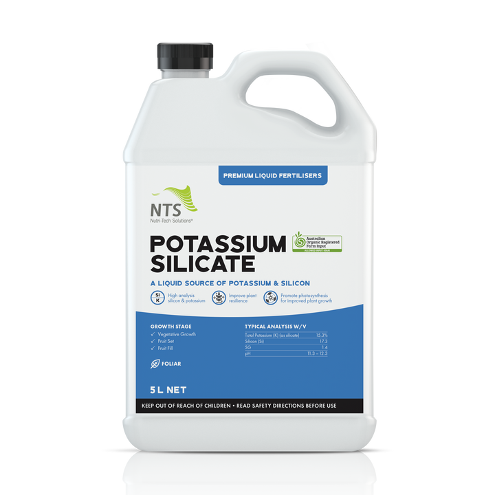A photograph of NTS Potassium Silicate premium liquid fertiliser in a 5 L container on transparent background