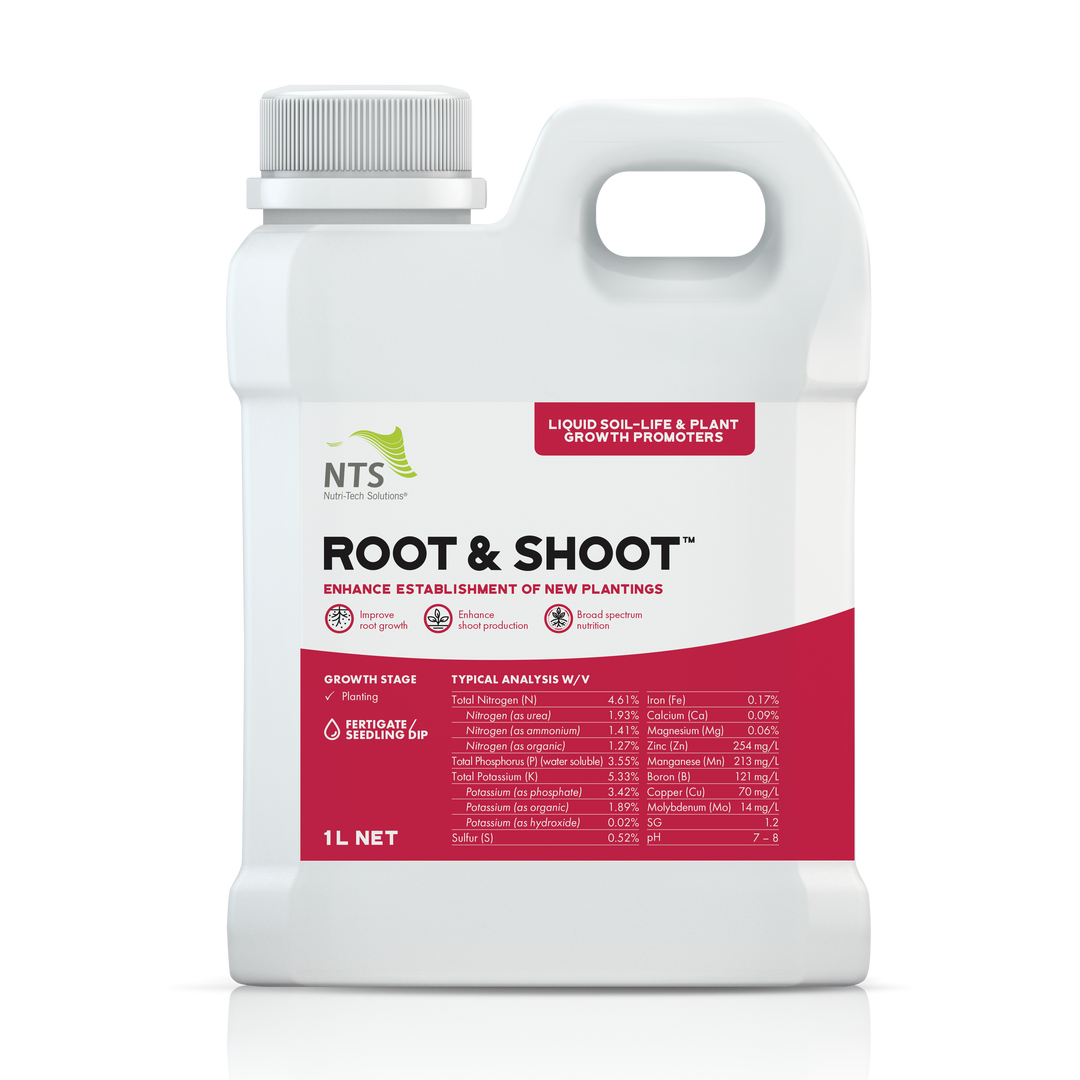 A photograph of NTS Root and Shoot liquid soil-life and plant growth promoter fertiliser in a 1 L container on transparent background