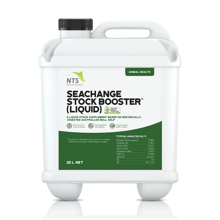  A photograph of NTS SeaChange Stock Booster (Liquid) animal health in 20 L container on transparent background.