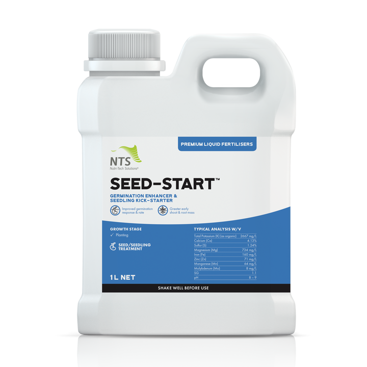 A photograph of NTS Seed-Start premium liquid fertiliser in a 1 L container on transparent background