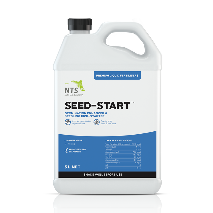 A photograph of NTS Seed-Start premium liquid fertiliser in a 5 L container on transparent background