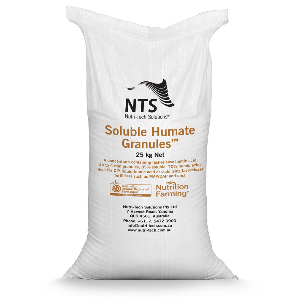 A photograph of NTS Soluble Humate Granules in a 25 kg sack on white background