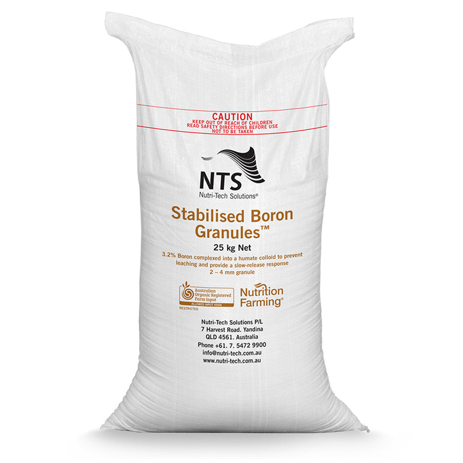 A photograph of NTS Stabilised Boron Granules in a 25 kg sack on white background